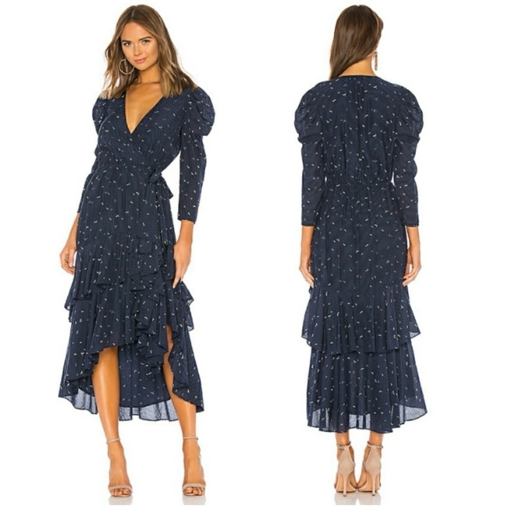 NEW Joie Miraly Ruffled Tiered Wrap Dress Midnight Dragonfly Print Seersucker XS